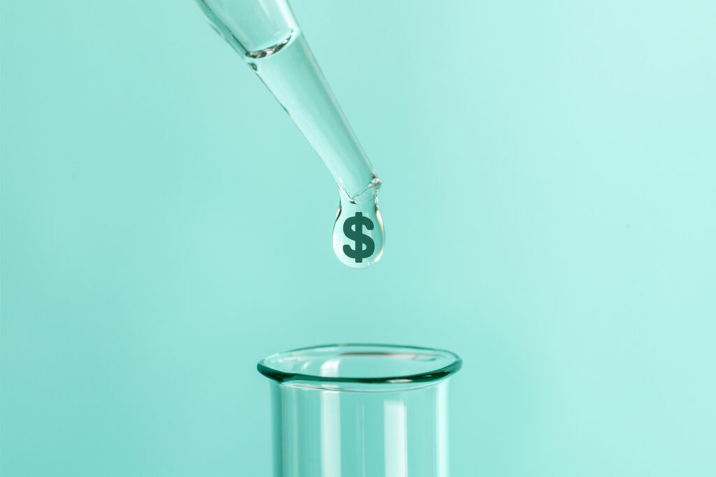 Dollar Sign in liquid dropping from Vial