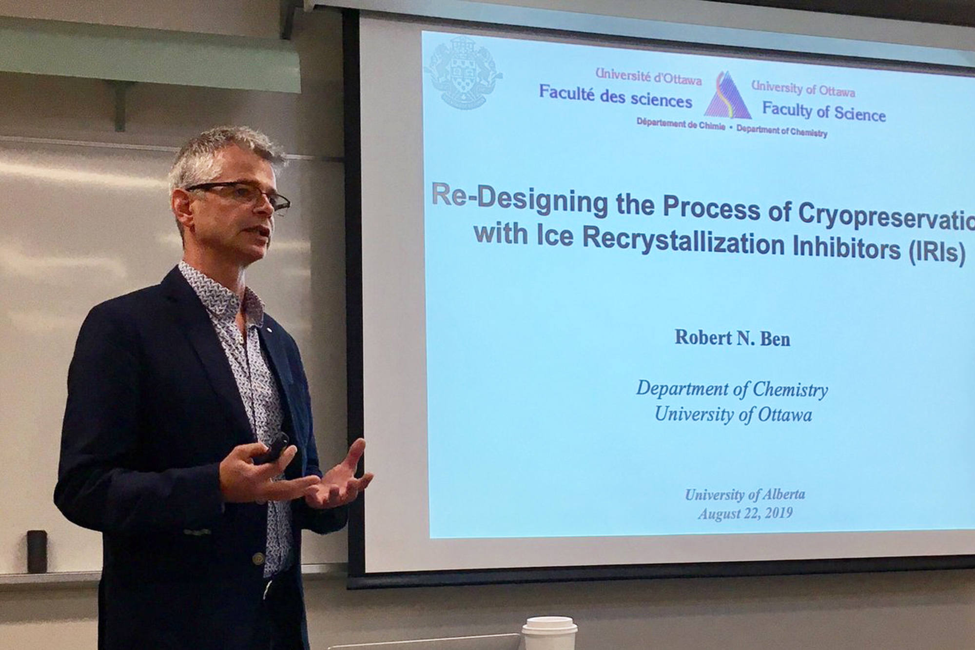 Dr. Robert Ben delivering a university lecture on cryopreservation and ice recrystallization inhibitors, highlighting advances in cryoprotectant chemistry and biopreservation science.