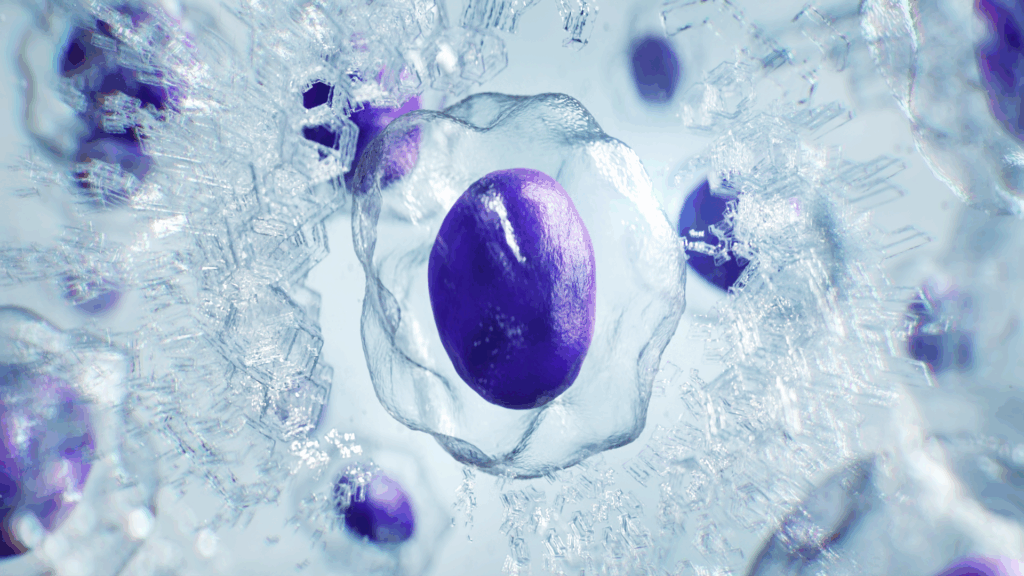 Cryopreserved cell surrounded by structured ice crystals, representing BioLife Solutionsā focus on protecting cell integrity during freezing and storage.