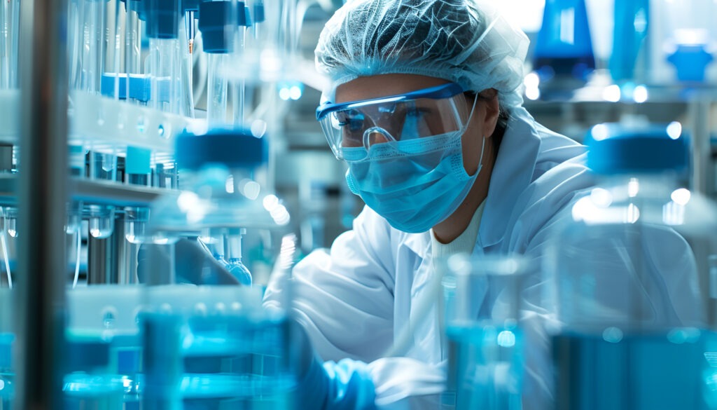 Scientist overseeing cryopreserved cell therapy manufacturing in a GMP cleanroom, reflecting performance risk control and FDA compliance.
