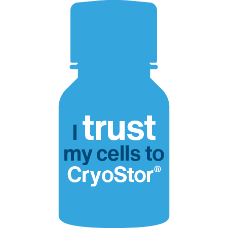 Blue vial graphic with the phrase “I trust my cells to CryoStor®.”