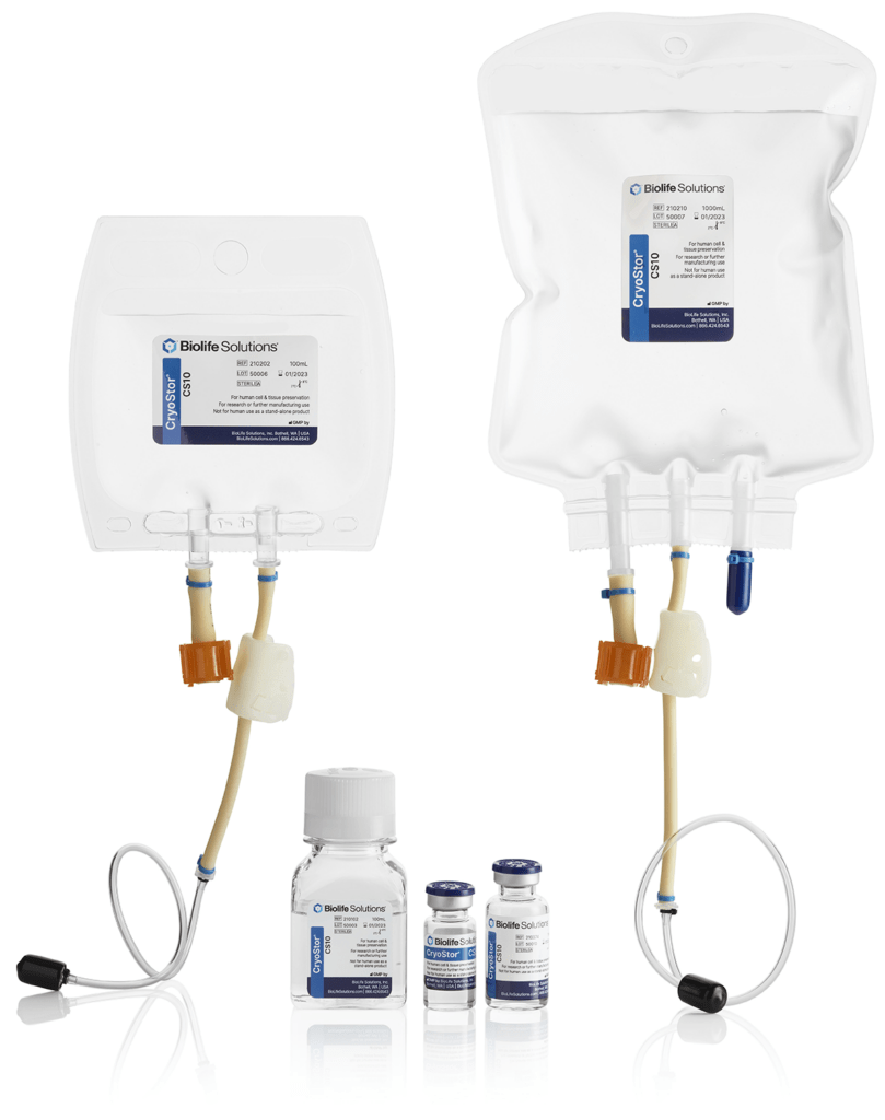CryoStor CS10 biopreservation media cryobags, bottle, and vials.